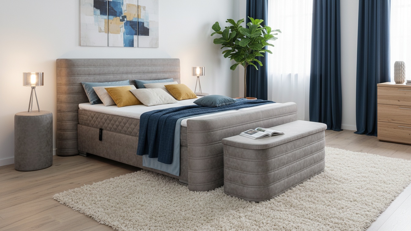 Das Boxspringbett Riga von Meisterbetten in der Größe 180x200 cm besticht durch seine elektrische Ausführung und den Matratzenbezug Optiflex. Das gepolsterte Kopfteil und die Truhe aus MS-Silver Grey sowie der Kaltschaum-Topper verleihen Komfort, während die Taschenfederkern-Matratze optimalen Schlafkomfort bietet. Inklusive Nachttisch im gleichen Stil.