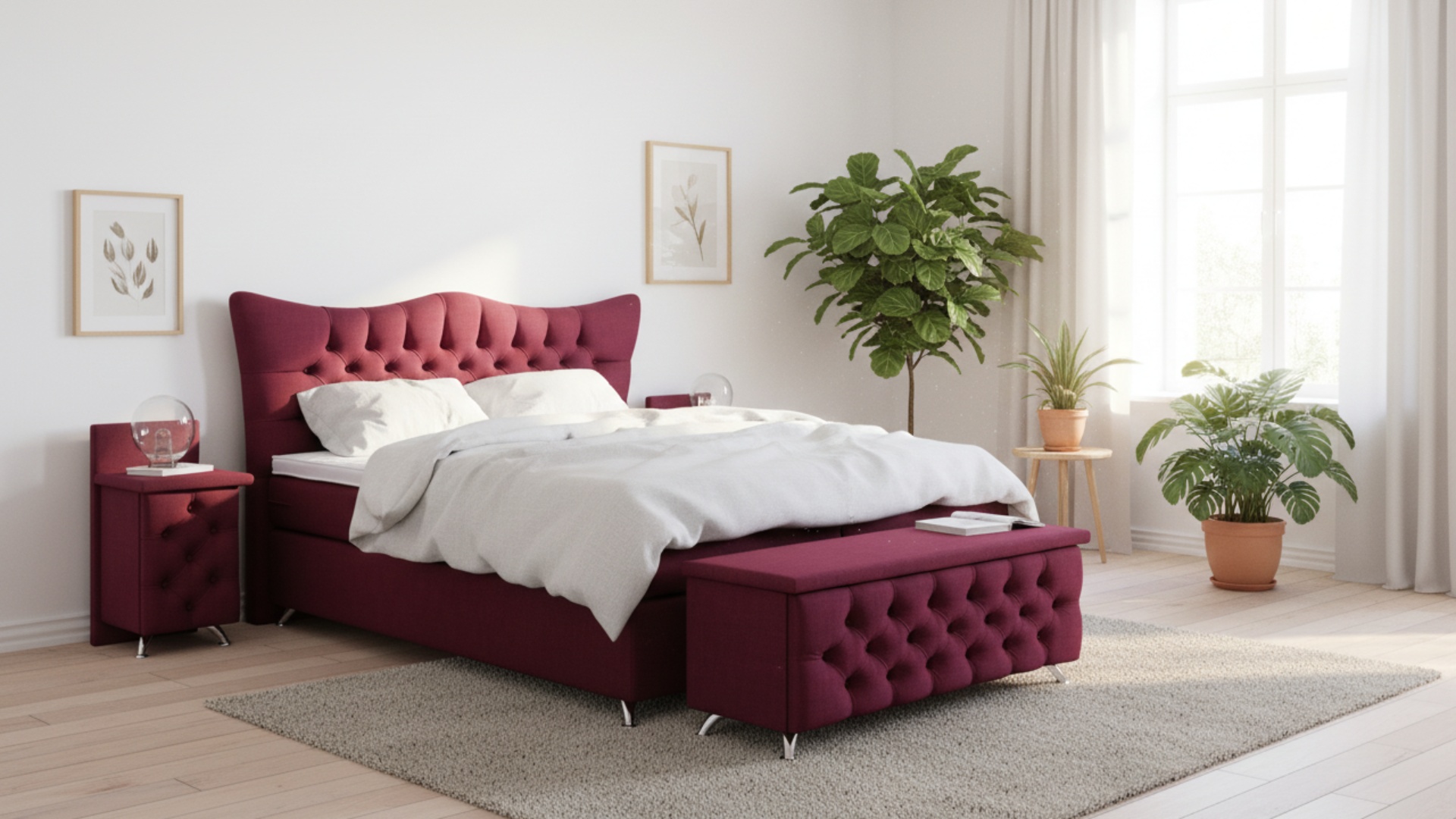 Rixi Boxspringbett in der Größe 180x200 cm von Meisterbetten, mit einem eleganten, gepolsterten Kopfteil. Ausgeführt in W-Corall Stoff und Nano Matratzenbezug, ausgestattet mit Ergoflex-Topper und Taschenfederkern-Matratze. Inklusive passender Truhe und Nachttisch für zusätzlichen Stauraum.