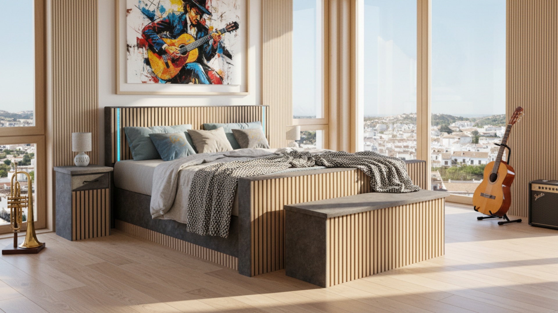 Scay Boxspringbett von Meisterbetten in der Größe 180x200 cm, ausgestattet mit einem elektrischen System und Taschenfederkern-Matratze. Das Bett präsentiert sich in DS-Grau mit Nano-Bezug und Ergoflex-Topper. Das Kopfteil zeigt ein Lamellen-Dekor, während der Absatzstoff in CS-Blassgrün gehalten ist. Inklusive Nachttisch und Truhe im passenden Design.