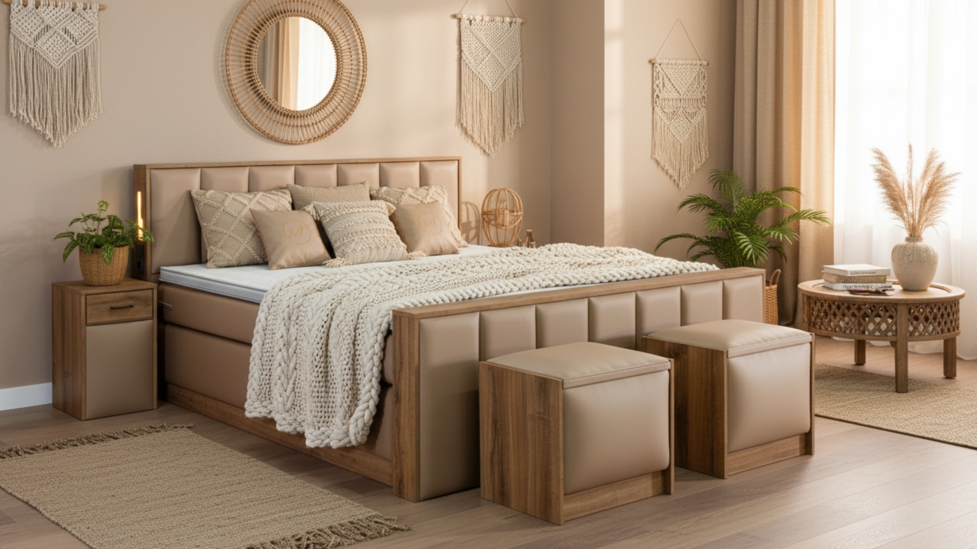 Das Sely Boxspringbett von Meisterbetten in der Größe 180x200 cm präsentiert sich mit einem eleganten Kopfteil. Ausgestattet mit einem Nano-Matratzenbezug und gefertigt aus LM-Beige Material, bietet es einen Ergoflex-Topper sowie eine Taschenfederkern-Matratze für optimalen Schlafkomfort. Der beige Farbton harmoniert perfekt mit den natürlichen Holzdetails des Fußteils und des Nachttisches, während die Pflanzen im Raum eine beruhigende Atmosphäre schaffen.