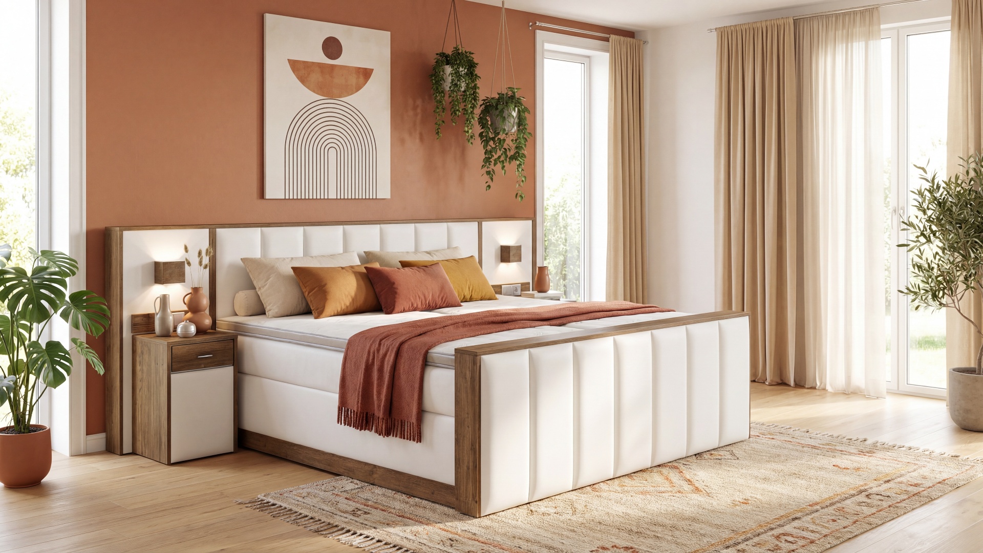 Das Kopfteil Sely3 des Boxspringbetts von Meisterbetten in der Größe 180x200 cm beeindruckt mit seiner elektrischen Verstellbarkeit. Der Matratzenbezug Nano und der Topper Ergoflex ergänzen das komfortable Schlafgefühl, während das dekorative Eiche Cognac Finish zusammen mit dem LM-Weißen Grundstoff einen modernen Look schafft. Abgerundet wird das Design durch das passende Fußteil und den Nachttisch Sely sowie die Taschenfederkern-Matratze.