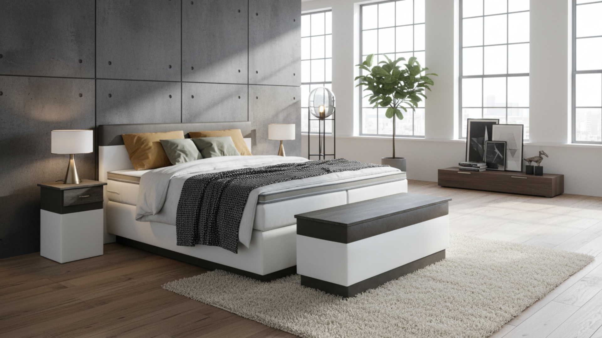 Siri Boxspringbett von Meisterbetten mit gepolstertem Kopfteil in der Größe 180x200 cm, präsentiert sich in elegantem KL-White Grundstoff. Ausgestattet mit einem hochwertigen Ergoflex-Topper und einer Taschenfederkern-Matratze, wird das Design durch Pinie Silber Dekor und KL-Fango Absatzstoff ergänzt. Der dazugehörige Nachttisch und die Truhe vervollständigen das stilvolle Schlafzimmerensemble.