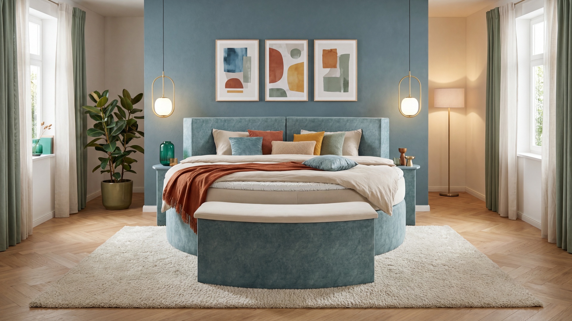 Das runde Boxspringbett Skip von Meisterbetten in der beeindruckenden Größe 240x240 cm präsentiert sich in DS-Azurro mit einem Kaltschaum-Topper und einer Taschenfederkern-Matratze. Die Ausstattung umfasst eine praktische Truhe und passende Nachttische, harmonisch integriert im silbernen Dekor.