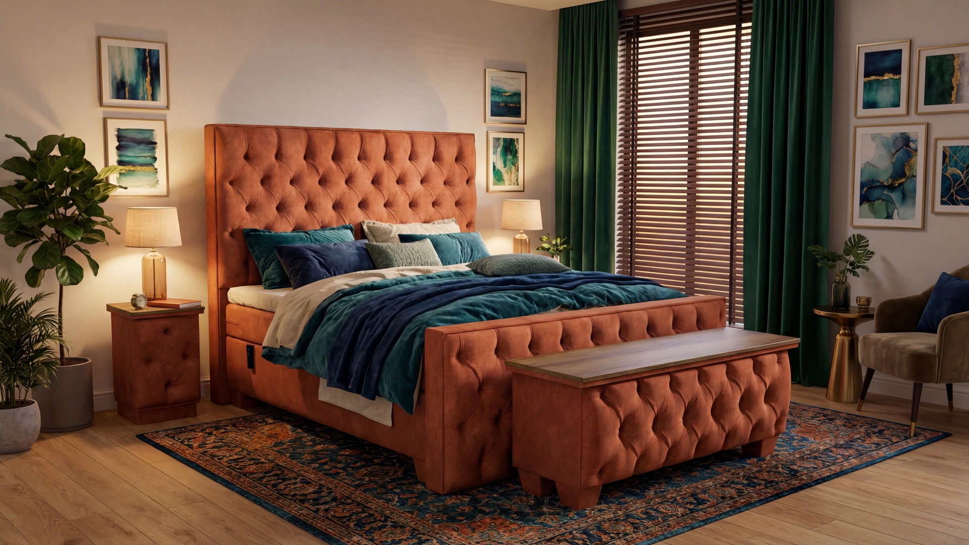 Das Modell Smit von Meisterbetten präsentiert ein Boxspringbett in der Größe 180x200 cm, ausgestattet mit einem eleganten Kopfteil, elektrischem Antrieb und Nano-Bezug. Der warme DS-Terrakota Grundstoff harmoniert perfekt mit dem Eiche Cognac Dekor. Inklusive Ergoflex-Topper, Taschenfederkern-Matratze, passendem Fußteil und Nachttisch im gleichen Design.