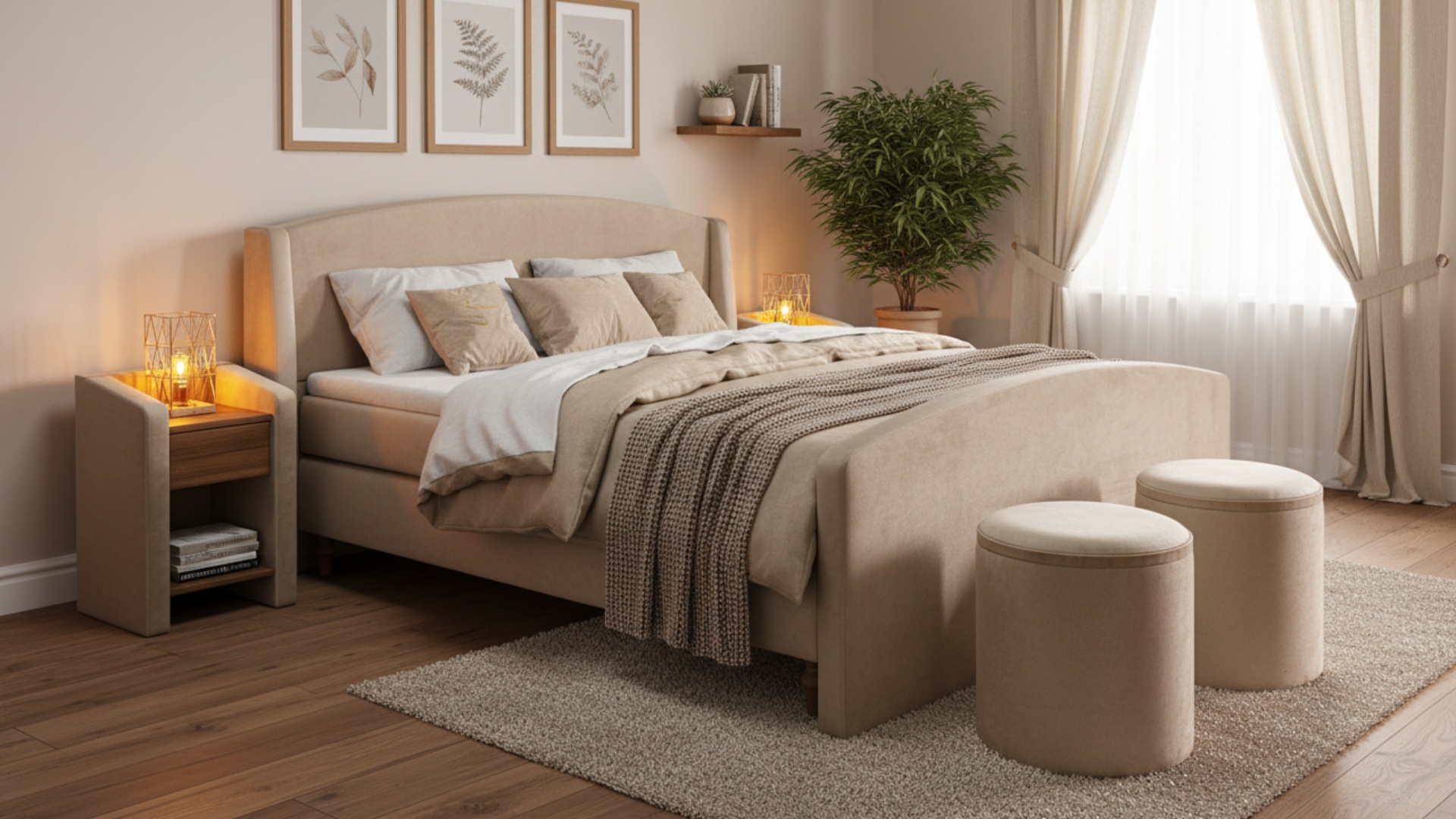 Das Meisterbetten Boxspringbett Snix in der Größe 180x200 cm besticht durch sein elegantes Kopfteil und den Bezug in VS-Gold. Ausgestattet mit einem Ergoflex-Topper auf einer Taschenfederkern-Matratze bietet es hohen Schlafkomfort. Das Dekor in Eiche Cognac verleiht dem Bett eine warme Optik, während Nachttisch und Truhe im gleichen Design harmonieren.