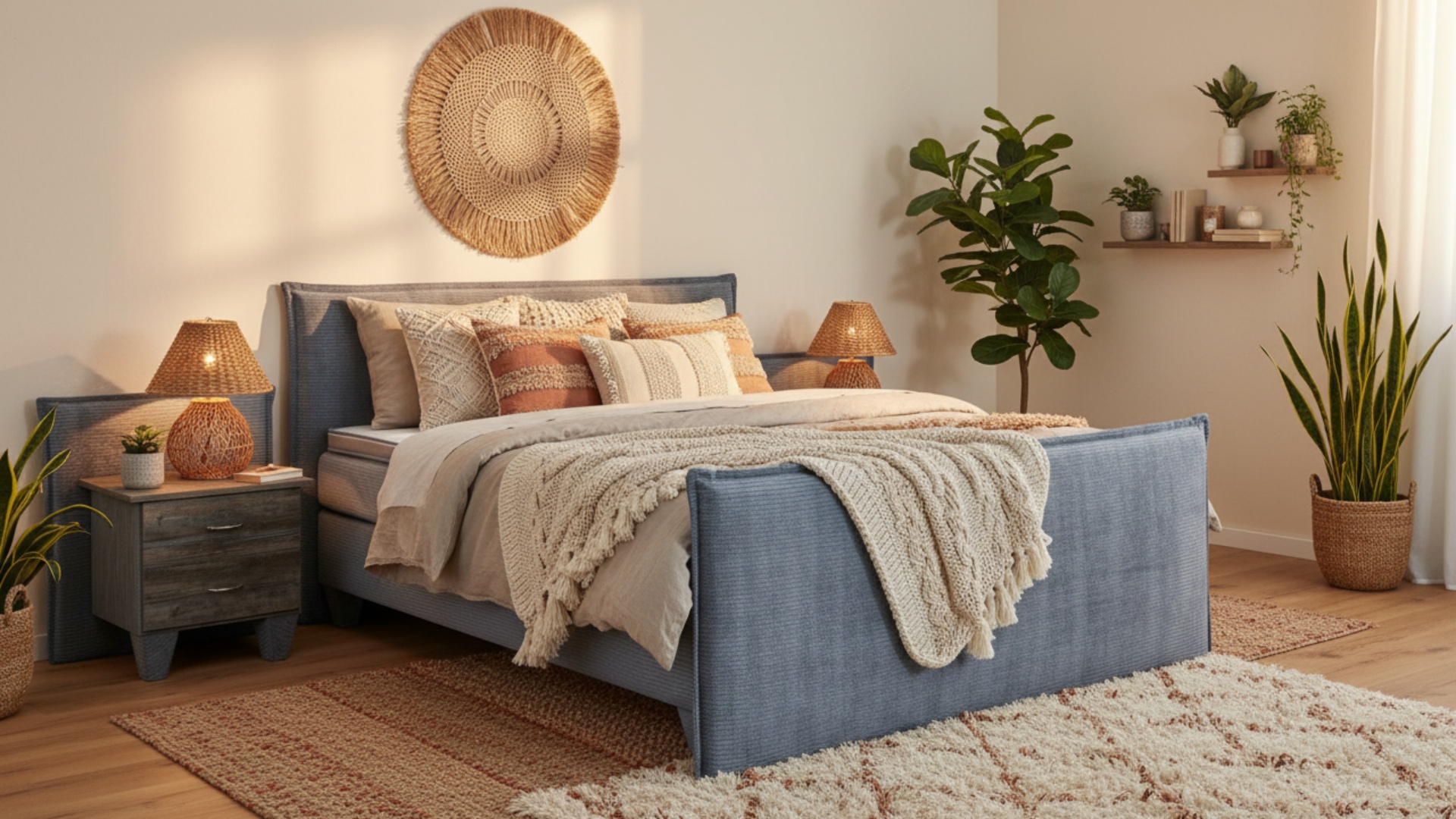 Das Boxspringbett Sofi von Meisterbetten in der Größe 180x200 cm besticht durch seinen blauen Grundstoff und das gepolsterte Kopfteil. Ausgestattet mit einem Nano-Matratzenbezug, bietet es einen Ergoflex-Topper sowie eine Taschenfederkern-Matratze. Die Dekoration in Pinie Silber ergänzt das Design, während der passende Nachttisch zusätzliche Funktionalität bietet.