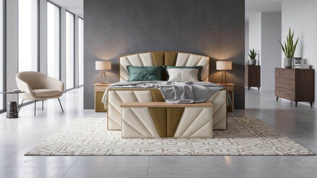 Sunn Boxspringbett von Meisterbetten in der Größe 180x200 cm mit elegantem Kopfteil und Fußteil, beide in LM-Creme gehalten. Der Bettbezug aus Nano-Material wird durch einen Ergoflex-Topper ergänzt. Das Bett besticht durch Eiche Cognac Dekor und AS-Olive Absatzstoff, abgerundet mit einer Taschenfederkern-Matratze. Passend dazu gehören eine Truhe und Nachttische im gleichen Stil.