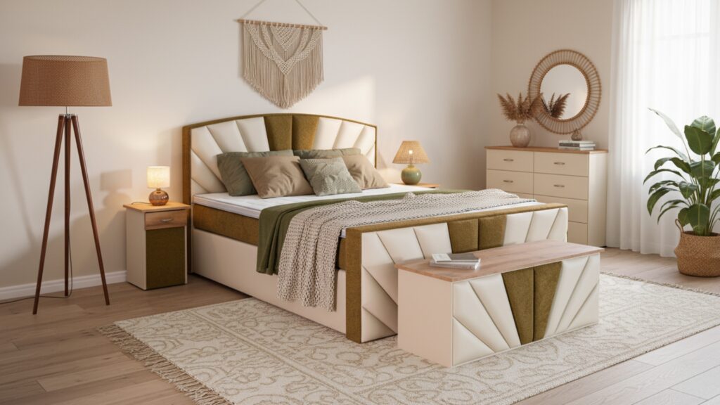 Sunn Boxspringbett von Meisterbetten in der Größe 180x200 cm, ausgestattet mit einem eleganten Kopfteil im Eiche Cognac Dekor. Der Matratzenbezug Nano und der LM-Creme Grundstoff harmonieren perfekt mit dem Ergoflex-Topper und der Taschenfederkern-Matratze. Die AS-Olive Akzente ergänzen das Gesamtbild, abgerundet durch ein passendes Fußteil, eine Truhe und einen Nachttisch.