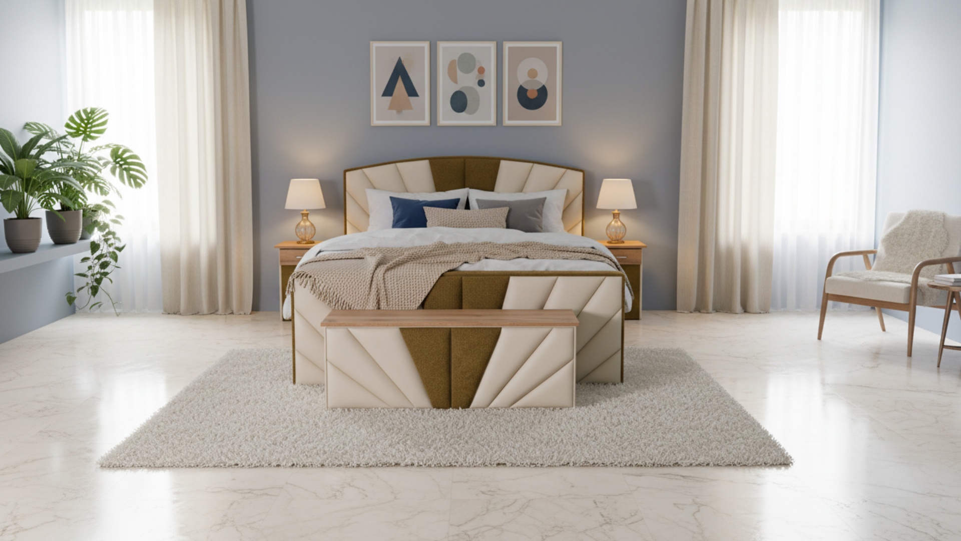 Sunn Boxspringbett von Meisterbetten in der Größe 180x200 cm, ausgestattet mit einem eleganten Kopfteil in LM-Creme und Nano-Matratzenbezug. Das Bett verfügt über einen Ergoflex-Topper, Taschenfederkern-Matratze und Dekor in Eiche Cognac. Mit Absatzstoff in AS-Olive, begleitet von passendem Nachttisch und Truhe.