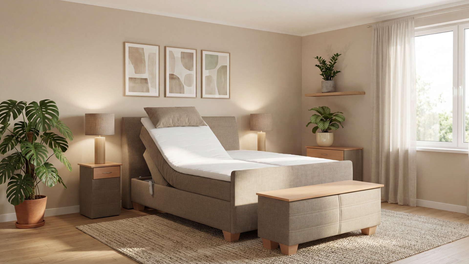 Syma Boxspringbett von Meisterbetten in der Größe 180x200 cm, ausgestattet mit einer elektrischen Höhenverstellung. Das Bett verfügt über einen Nano-Matratzenbezug und ist gefertigt aus W-Sahara Material. Mit einem Ergoflex-Topper und Taschenfederkern-Matratze bietet es optimalen Komfort. In Buche-Dekor gehalten, ergänzt durch das Epos-Fußteil, passt die Truhe sowie die Nachttische perfekt zur Einrichtung.