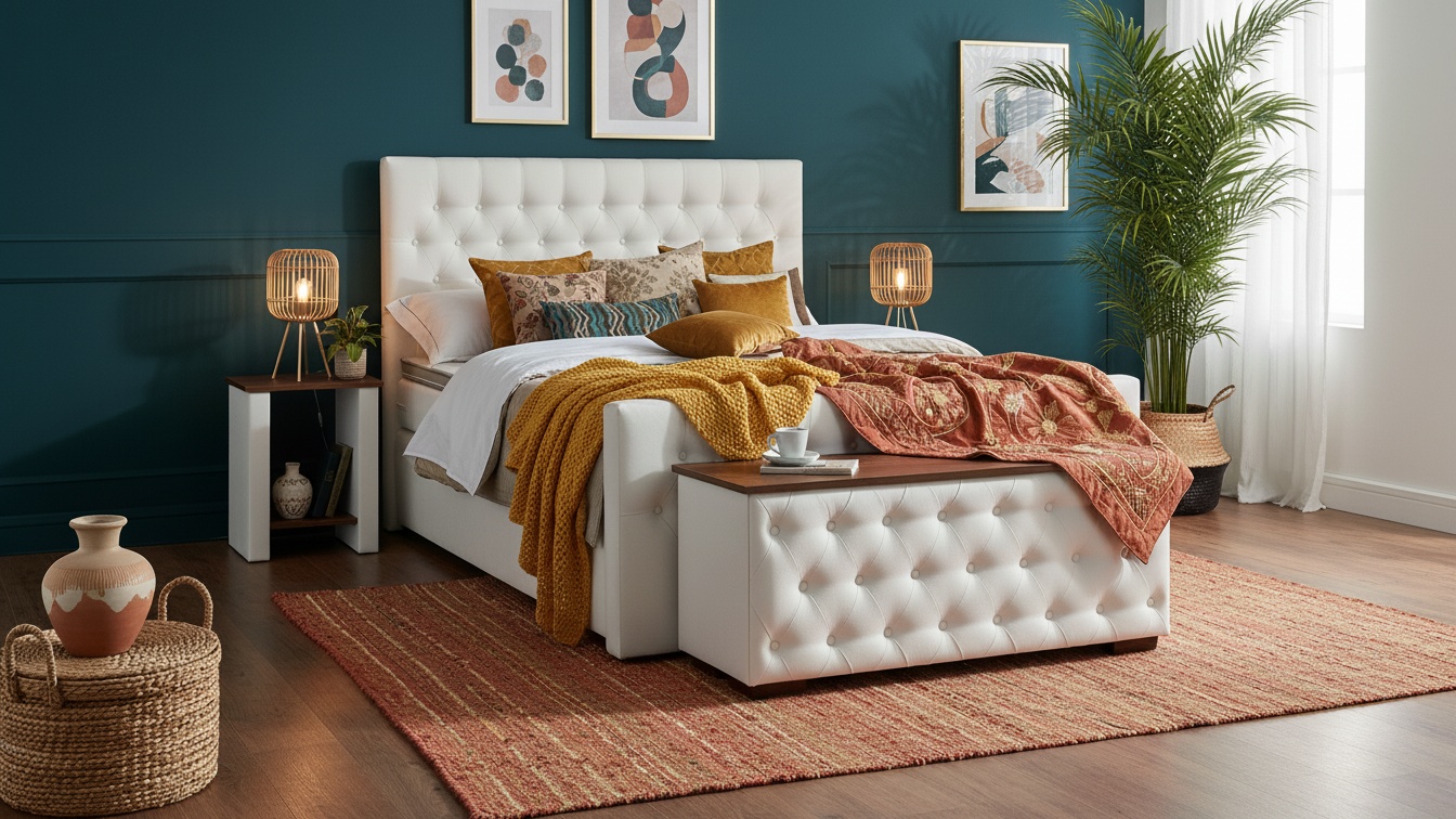 Boxspringbett Tela von Meisterbetten in der Größe 160x200 cm mit Nano-Matratzenbezug. Es präsentiert sich in KL-White mit Nussbaum-Dekor, einem eleganten gepolsterten Kopfteil und inkludiert eine Taschenfederkern-Matratze. Der Ergoflex-Topper ergänzt den Komfort, während das Fussteil und die Truhe aus Tela für zusätzliche Funktionalität sorgen. Ein passender Nachttisch komplettiert das stilvolle Schlafzimmerensemble.