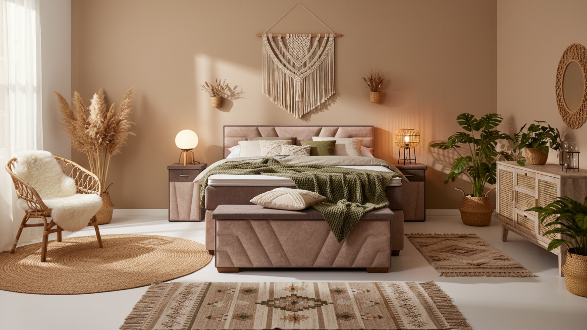 Das Terz Boxspringbett von Meisterbetten in der Größe 180x200 cm präsentiert sich mit einem eleganten gepolsterten Kopfteil. Ausgestattet mit einem Nano-Bezug und einem bequemen Ergoflex-Topper, bietet es optimalen Schlafkomfort. Das Bett ist aus DS-Beige Stoff gefertigt und wird durch eine stilvolle Truhe sowie passende Nachttische ergänzt. Ein Taschenfederkern sorgt für die nötige Unterstützung, während der DS-Braun Absatzstoff dem Design den letzten Schliff verleiht.