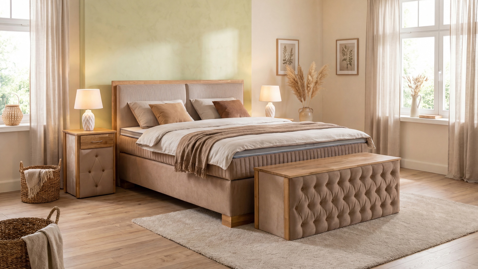 Das Boxspringbett Vibi von Meisterbetten in der Größe 180x200 cm besticht durch sein gepolstertes Kopfteil und den Matratzenbezug in Mask. Es ist gefertigt aus CS-Beige Stoff, ergänzt durch einen Ergoflex-Topper für zusätzlichen Komfort. Das Bett verfügt über eine Taschenfederkern-Matratze und wird begleitet von einer passenden Truhe und einem Nachttisch im Design Genf. Die Farbgebung mit VS-Gold Absatzstoff fügt sich harmonisch in das Schlafzimmer ein.