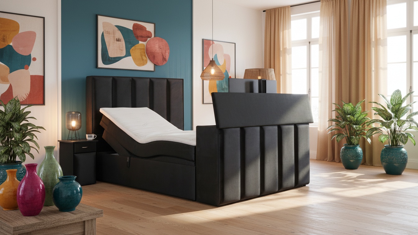 Vicy Boxspringbett von Meisterbetten mit elektrischer Verstellung und TV-Lift im Fußteil. In der Größe 180x200 cm, ausgestattet mit einem Nano-Matratzenbezug und einem Kaltschaum-Topper. Das Bett kommt in elegantem Schwarz mit passendem Nachttisch, inklusive Taschenfederkern-Matratze für optimalen Schlafkomfort.