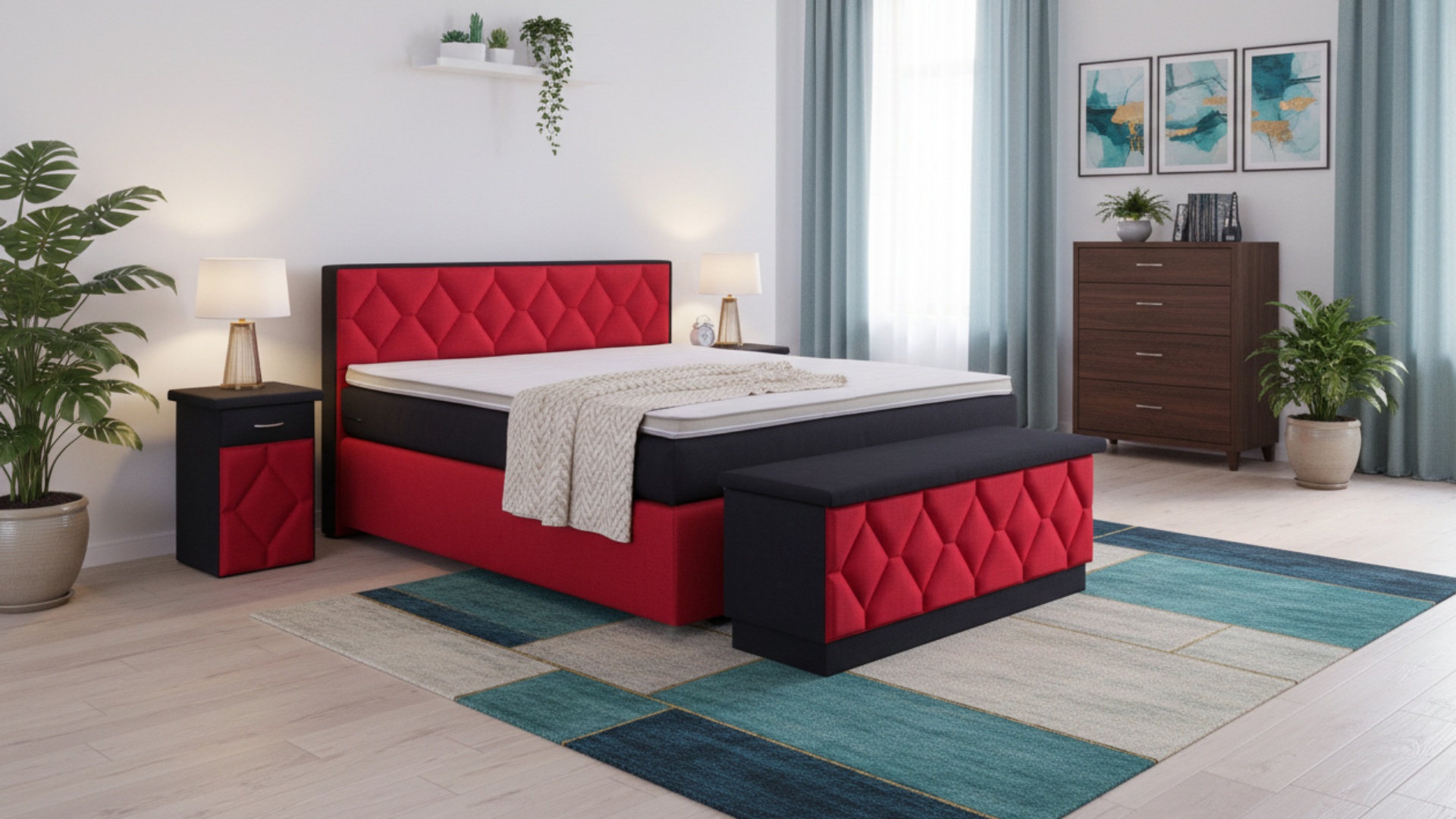 Yara Boxspringbett von Meisterbetten in der Größe 180x200 cm mit gepolstertem Kopfteil in Rot, ausgestattet mit einem Nano-Matratzenbezug, Kaltschaum-Topper und einer Taschenfederkern-Matratze. Inklusive Nachttisch und Truhe im passenden Design.
