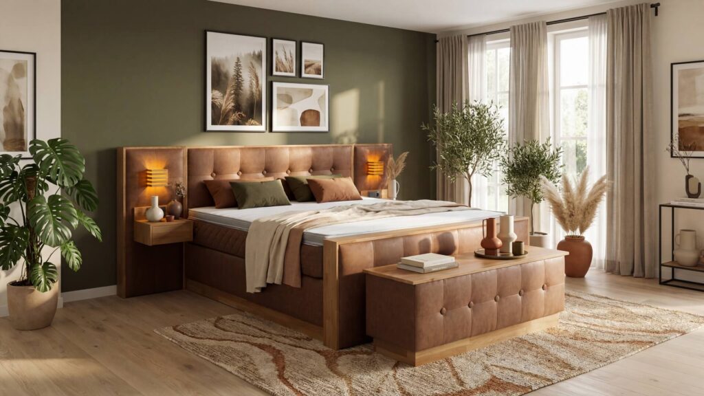 Das Boxspringbett Zero von Meisterbetten in der Größe 180x200 cm beeindruckt mit seinem gepolsterten Kopfteil aus MS-Nougat und einem eleganten Eiche Massiv Dekor. Ausgestattet mit einem ergonomischen Ergoflex-Topper und einer Taschenfederkern-Matratze, bietet es besonderen Komfort. Die dazugehörige Truhe ergänzt das Design perfekt.