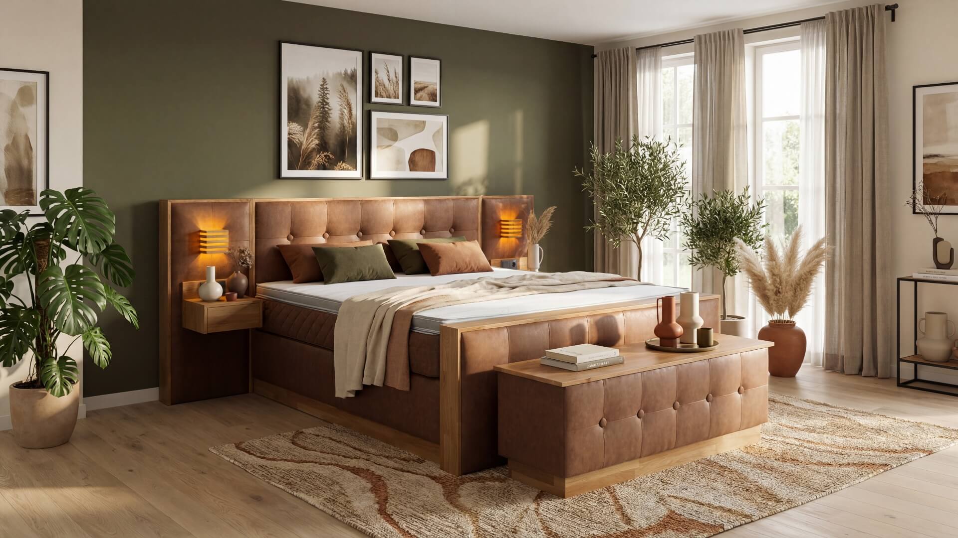 Das Boxspringbett Zero von Meisterbetten in der Größe 180x200 cm beeindruckt mit seinem gepolsterten Kopfteil aus MS-Nougat und einem eleganten Eiche Massiv Dekor. Ausgestattet mit einem ergonomischen Ergoflex-Topper und einer Taschenfederkern-Matratze, bietet es besonderen Komfort. Die dazugehörige Truhe ergänzt das Design perfekt.