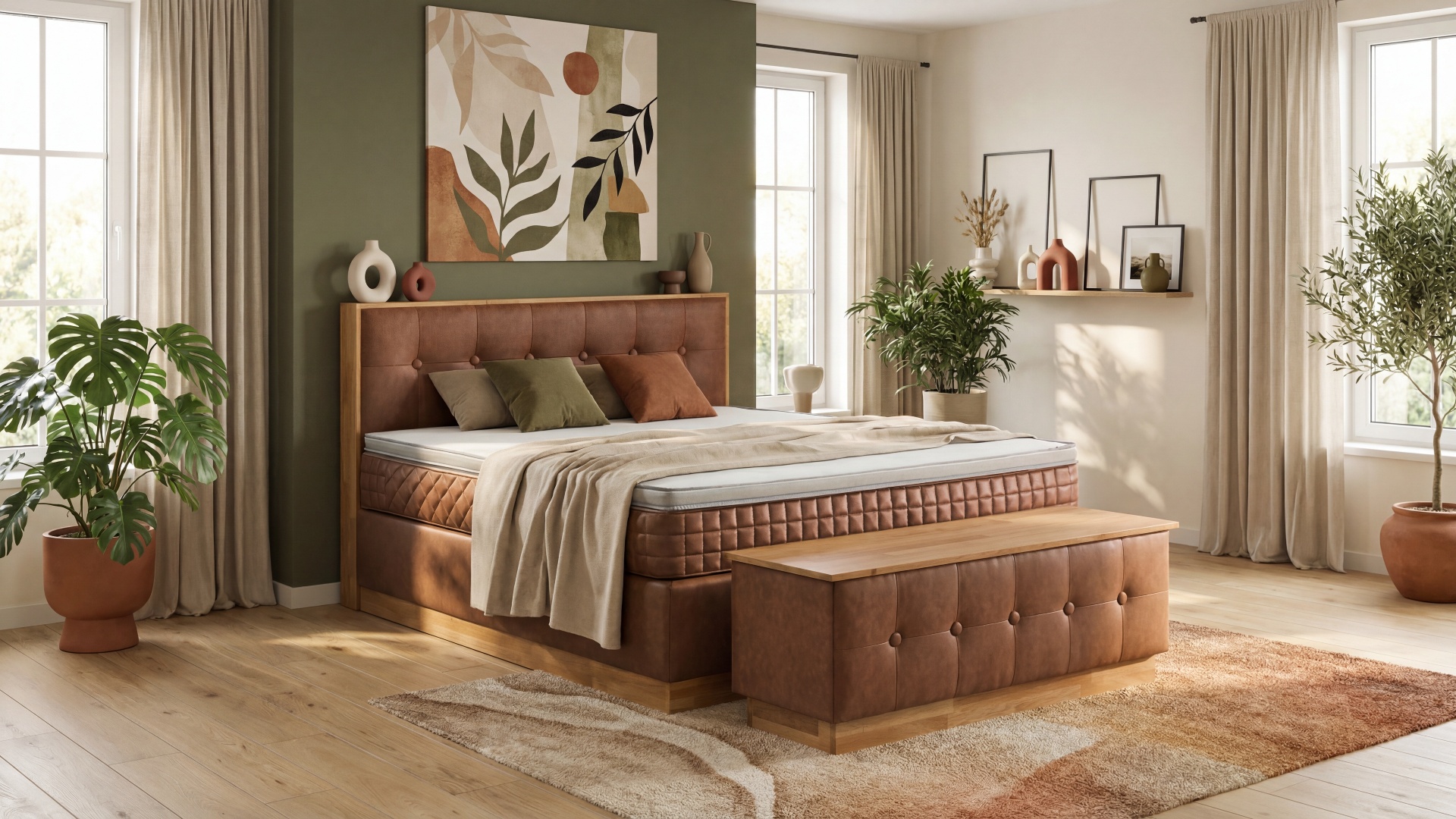 Im Fokus steht das Boxspringbett Zero von Meisterbetten in der Größe 180x200 cm, mit einem eleganten Kopfteil und einer Optiflex-Matratze. Der MS-Nougat-Stoff verleiht eine warme Atmosphäre. Die Konstruktion umfasst einen Ergoflex-Topper und eine Taschenfederkern-Matratze, ergänzt durch die Truhe im gleichen Stil. Das Eiche Massiv Dekor rundet das Bild in diesem harmonischen Raum ab.