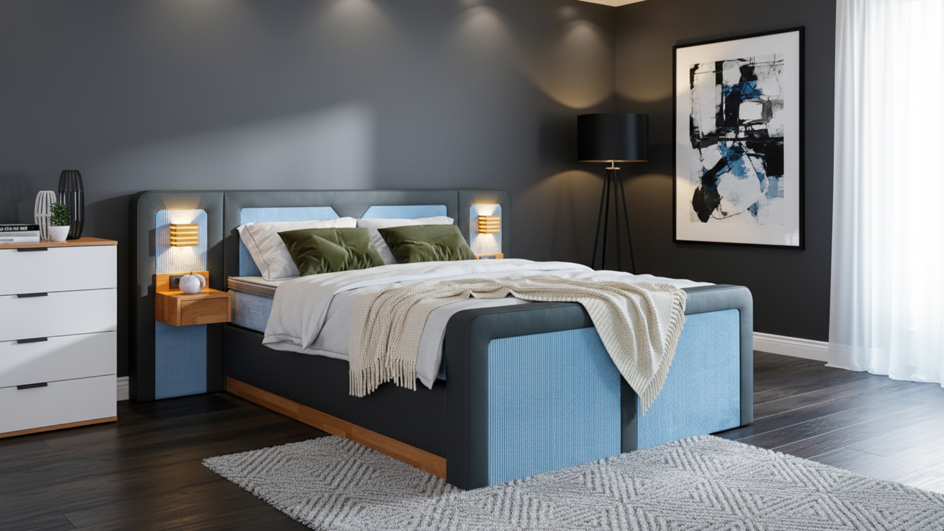 Das Boxspringbett Arco3 von Meisterbetten in der Größe 180x200 cm kombiniert einen Matratzenbezug aus Nano und einen Grundstoff in CS-Blau. Ausgestattet mit einem Ergoflex-Topper, Taschenfederkern-Matratze und einem dekorativen Buche Massiv Dekor. Auffällig ist das gepolsterte Kopfteil sowie das passende Fussteil Arco und die Nachttische Zero.