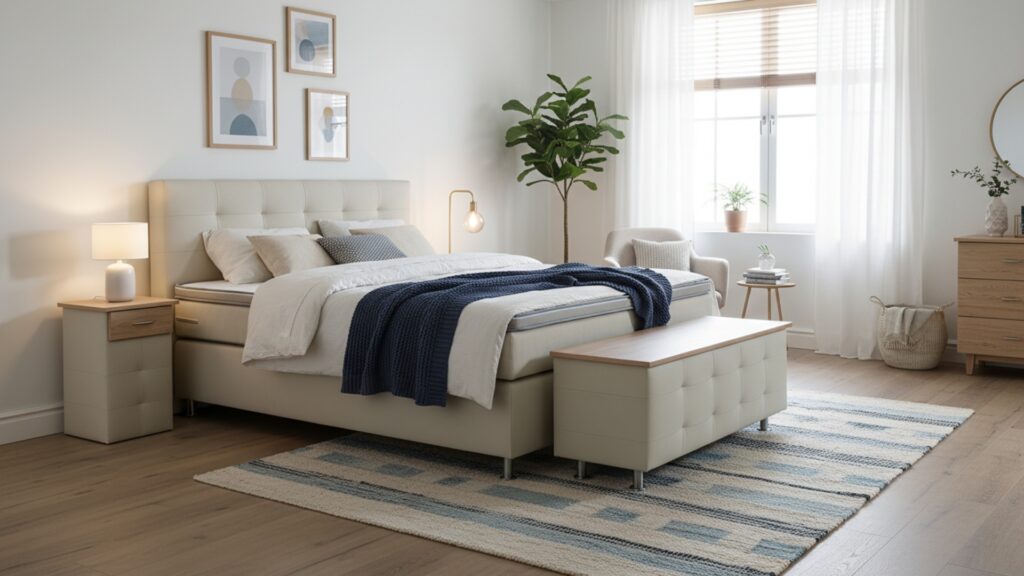 Lago Boxspringbett von Meisterbetten in der Größe 180x200 cm, ausgestattet mit einem gepolsterten Kopfteil und dekoriert in Eiche Sonoma. Das Bett verfügt über einen Nano-Matratzenbezug, einen Ergoflex-Topper und eine Taschenfederkern-Matratze. Es kommt mit einer passenden Truhe und Nachttisch im gleichen Design, präsentiert in KL-Light Beige.