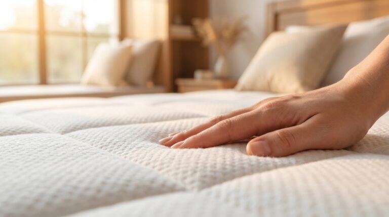 Nahaufnahme einer Hand, die sanft auf die Oberfläche eines neuen, unberührten Boxspringbett-Toppers