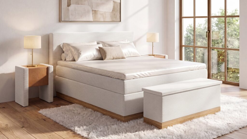 Das Boxspringbett Alex von Meisterbetten in der Größe 180x200 cm beeindruckt mit einem eleganten Kopfteil und einem CS-weißen Stoffbezug. Ausgestattet mit einem Ergoflex-Topper und einer Taschenfederkern-Matratze, bietet dieses Bett außergewöhnlichen Komfort. Der Eiche Massiv Dekor verleiht dem Bett einen natürlichen Look, ergänzt durch eine passende Truhe und Nachttische im gleichen Design.