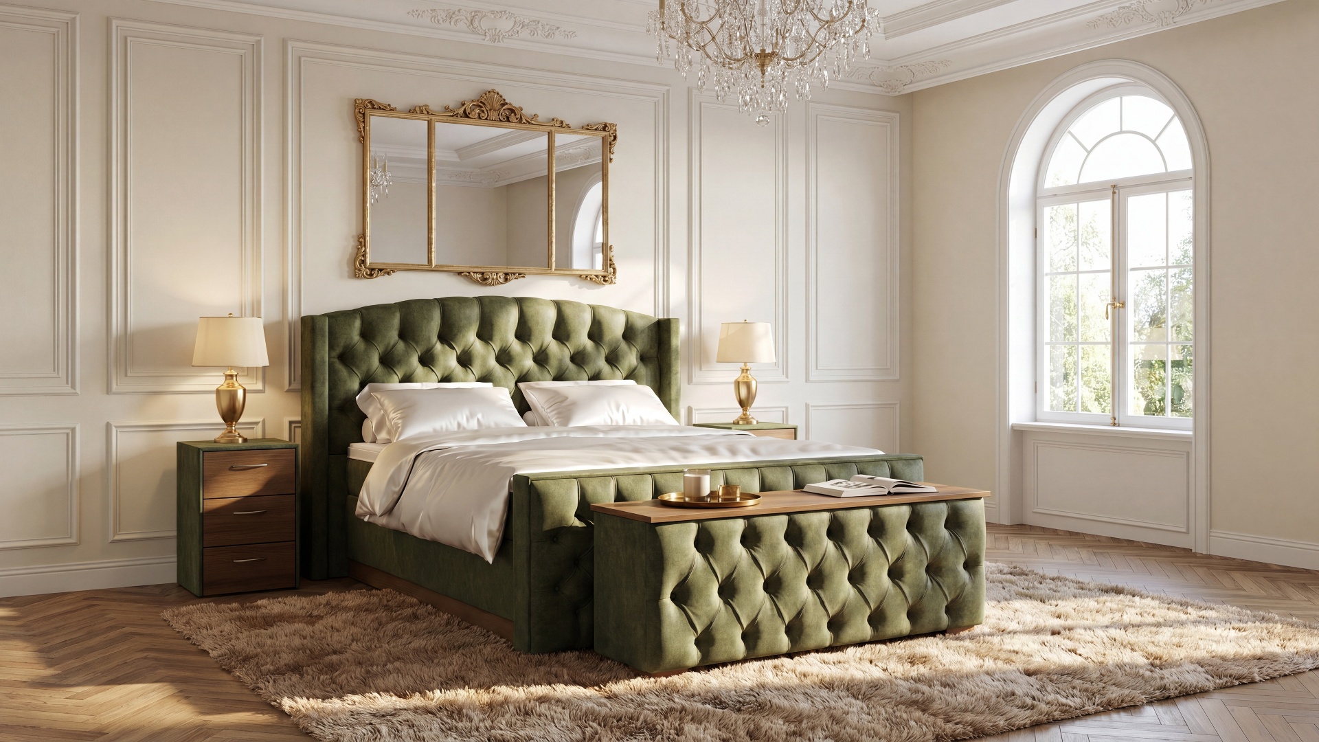 Das Boxspringbett Magi von Meisterbetten in der großzügigen Größe von 180x200 cm besticht durch sein gepolstertes Kopfteil und den eleganten Grundstoff MS-Olive. Ausgestattet mit einem praktischen Bettkasten und einem ergonomischen Ergoflex-Topper, bietet es höchsten Komfort. Der Nussbaum Dekor sorgt für ein stilvolles Ambiente, während die Taschenfederkern-Matratze optimalen Schlafkomfort garantiert. Komplettiert wird das Ensemble durch das passende Fußteil, die Truhe und den Nachttisch Magi3.