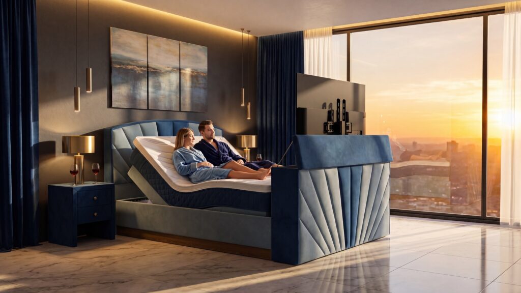 In einem stilvollen Schlafzimmer präsentiert sich das Meisterbetten Boxspringbett Sunn in der Größe 180x200 cm. Ausgeführt in elegantem VS-Hellblau, bietet es eine elektrische Höhenverstellung. Das gepolsterte Kopfteil und der TV-Lift im Fußteil unterstreichen den Luxus, während der Ergoflex-Topper und die Taschenfederkern-Matratze für optimalen Schlafkomfort sorgen. Der Absatzstoff in VS-Royalblau ergänzt das Design harmonisch.
