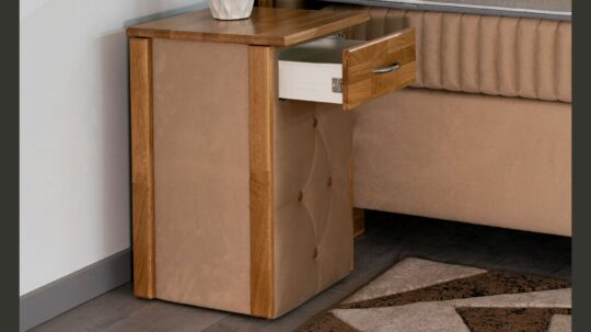 Nachttisch mit Schublade Modell Genf, Microvelours Samt VS-Gold, Holzelemente Eiche Massiv