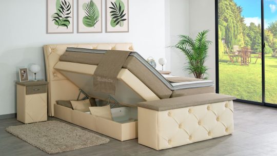 Boxspringbett Modell Plas mit Bettkasten, Grundstoff Kunstleder KL-Vanille, Absatzstoff Webstoff Fein W-Sahara