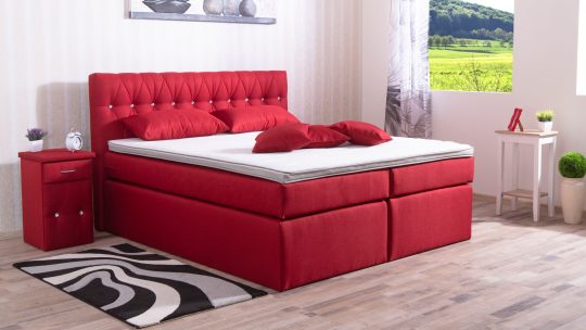 Boxspringbett Modell Cool, Polsterstoff Webstoff WT-Rot, Knöpfe Strassstein, Matratzenbezug in Bettfarbe, ohne Füße