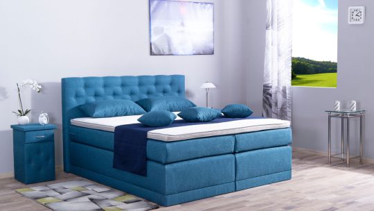 Boxspringbett Modell Babo, Polsterstoff Webstoff WT-Blau, Matratzenbezug in Bettfarbe, ohne Füße mit Optischer Sockelleiste