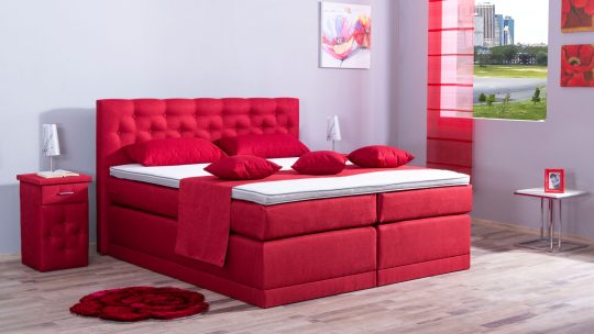 Boxspringbett Modell Babo, Polsterstoff Webstoff WT-Rot, Matratzenbezug in Bettfarbe, ohne Füße mit Optischer Sockelleiste
