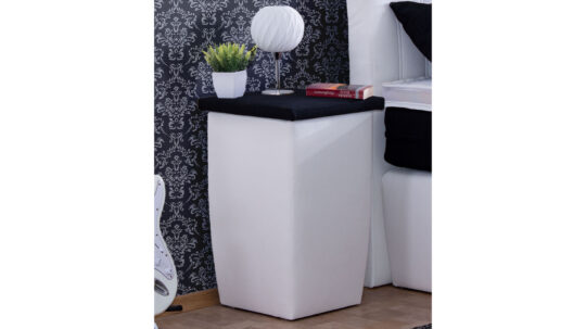 Nachttisch Modell Cama, Polsterstoff Kunstleder KL-White, Ablage im Polsterstoff Webstoff Fein W-Black