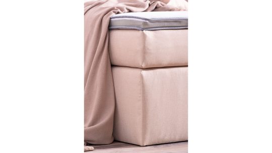 Boxspringbett Modell Cool, Polsterstoff Webstoff WT-Beige, Knöpfe im Bezugsstoff, Matratzenbezug in Bettfarbe, ohne Füße