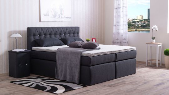 Boxspringbett Modell Cool, Polsterstoff Webstoff WT-Dunkel Grau, Knöpfe Strassstein, Matratzenbezug in Bettfarbe, ohne Füße