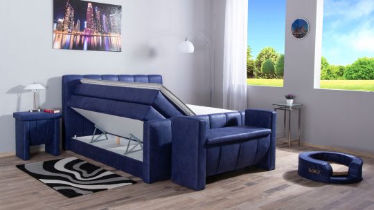Blaues Boxspringbett Modell Roki mit Bettkasten und Fußteil, Microvelours Lederoptik MS-Blue