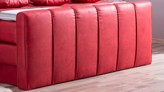 Rotes Boxspringbett Modell Roki mit Bettkasten und Fußteil, Microvelours Lederoptik MS-Red