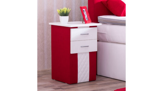 Nachttisch Modell Solo mit Fußteil, Webstoff Fein W-Red + Gestepptes Kunstleder UN-White + Holz Dekor Weiß