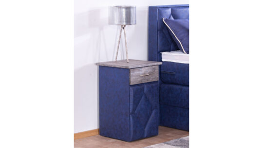 Nachttisch Modell Yara, Microvelours Lederoptik MS-Blue + Holz Dekor Pasadena Silber